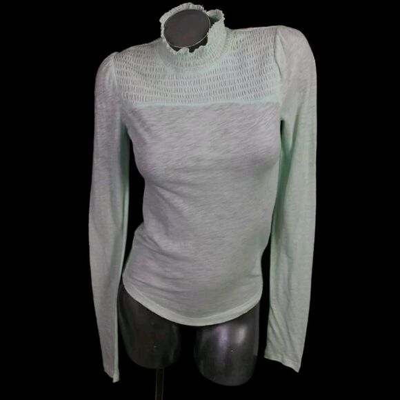 NWT Free People Caroline Smocked Turtleneck in Iced Aqua Women’s Size SMALL $68 - Picture 1 of 7